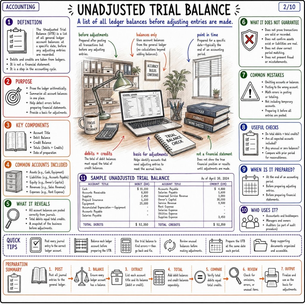 Unadjusted Trial Balance: Ledger Balances & Trial Balance Check